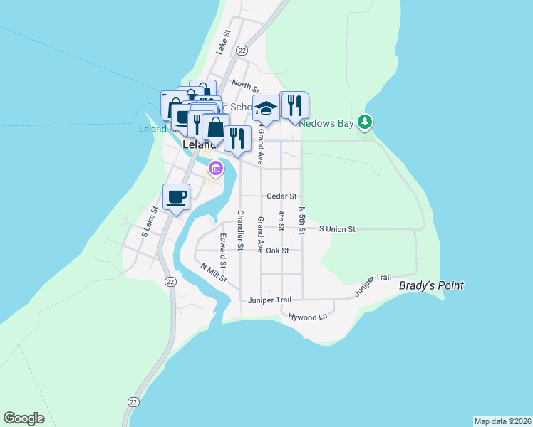 map of restaurants, bars, coffee shops, grocery stores, and more near 212-298 Grand Avenue in Leland
