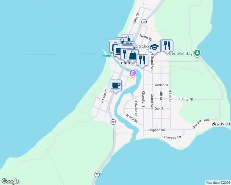 map of restaurants, bars, coffee shops, grocery stores, and more near South Street in Leland