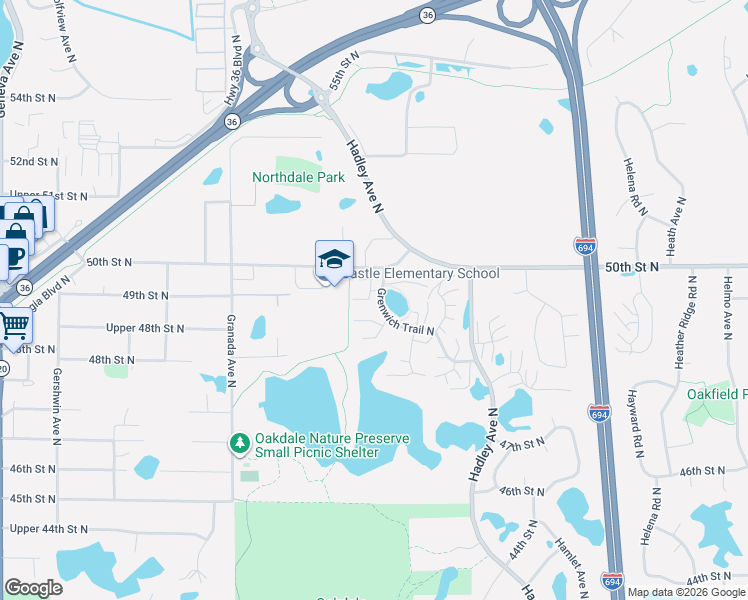 map of restaurants, bars, coffee shops, grocery stores, and more near 4888 Grenwich Trail North in Oakdale