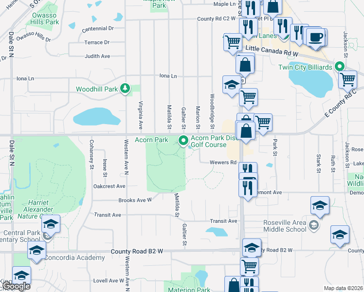 map of restaurants, bars, coffee shops, grocery stores, and more near 266 City Centre Dr in Roseville