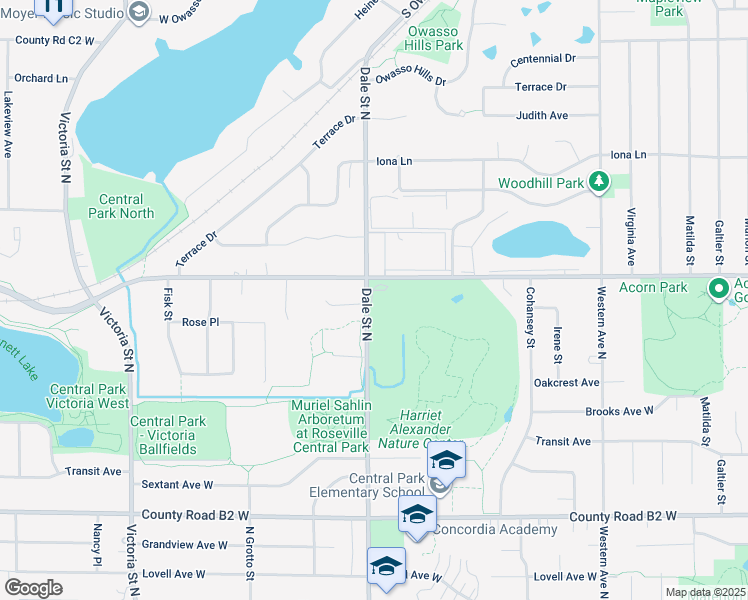map of restaurants, bars, coffee shops, grocery stores, and more near 2495-2531 Dale Street North in Roseville