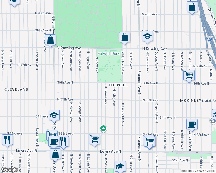 map of restaurants, bars, coffee shops, grocery stores, and more near 3531 North Irving Avenue in Minneapolis
