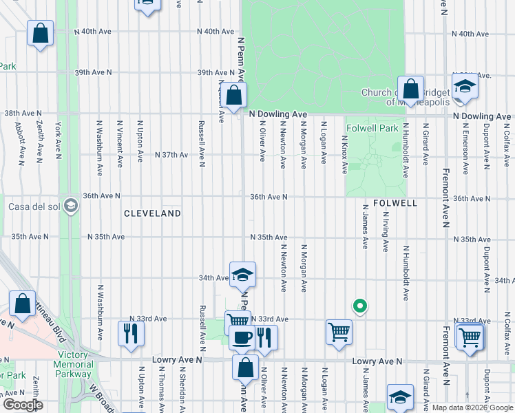 map of restaurants, bars, coffee shops, grocery stores, and more near 3531 North Oliver Avenue in Minneapolis