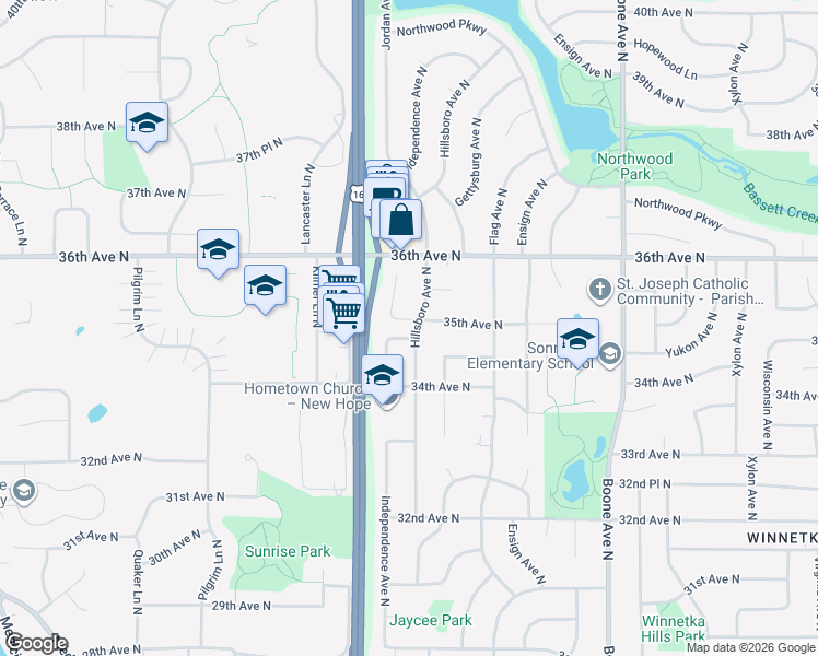 map of restaurants, bars, coffee shops, grocery stores, and more near 3433 35th Avenue North in New Hope