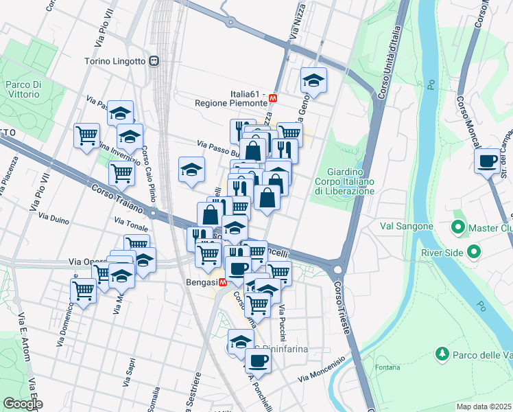 map of restaurants, bars, coffee shops, grocery stores, and more near 14 Via Testona in Torino