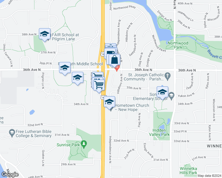 map of restaurants, bars, coffee shops, grocery stores, and more near 3511 Independence Avenue North in Minneapolis