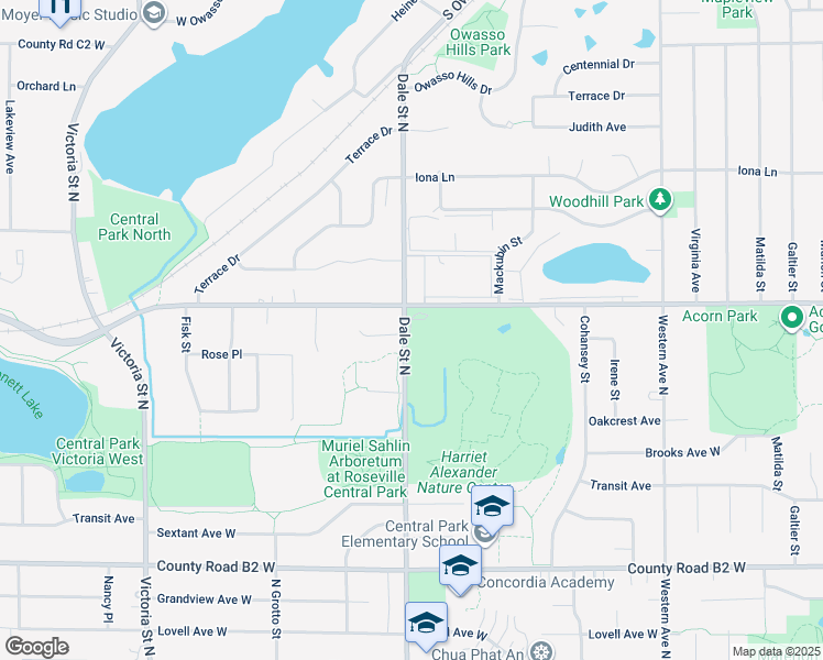 map of restaurants, bars, coffee shops, grocery stores, and more near 2600 Dale Street North in Roseville