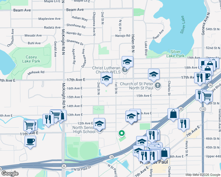 map of restaurants, bars, coffee shops, grocery stores, and more near 2615 1st Street North in North Saint Paul