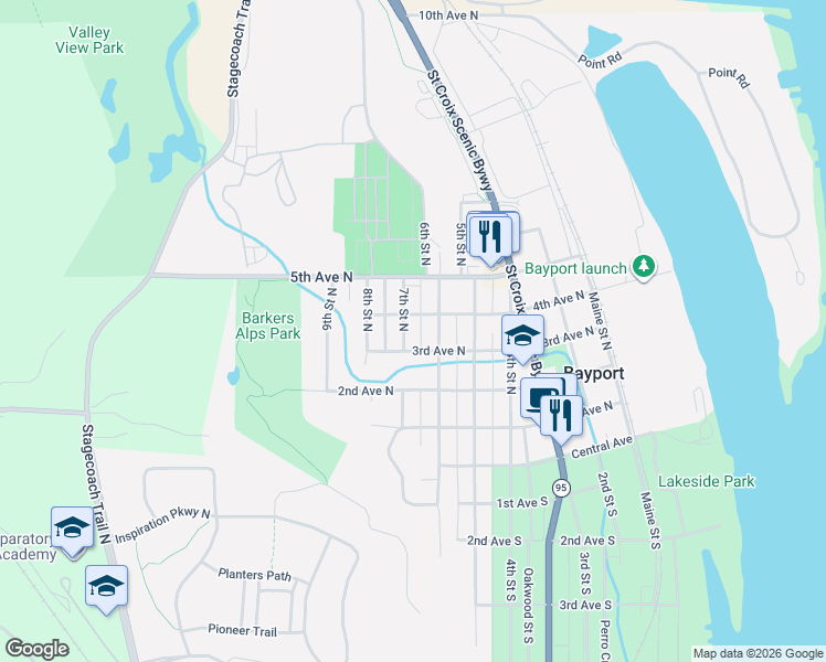 map of restaurants, bars, coffee shops, grocery stores, and more near 408 7th Street North in Bayport