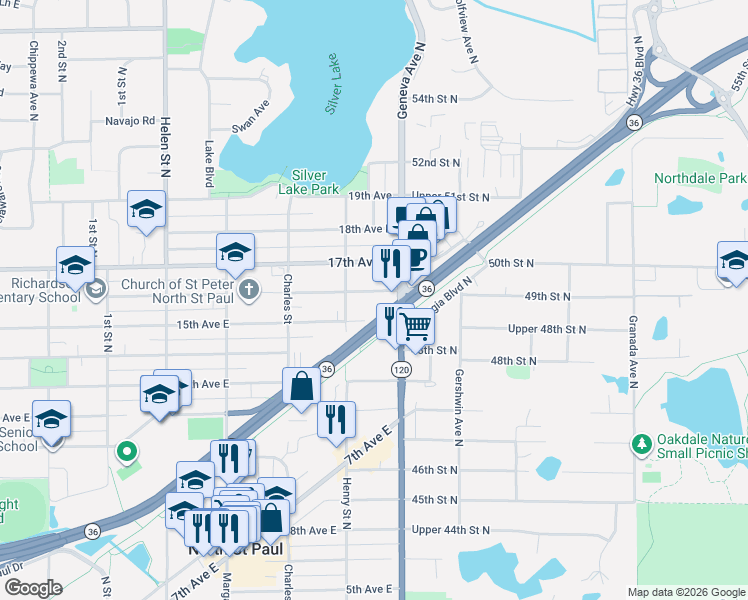 map of restaurants, bars, coffee shops, grocery stores, and more near 2701 15th Avenue East in North Saint Paul