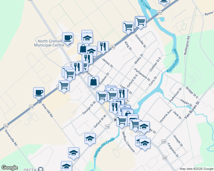 map of restaurants, bars, coffee shops, grocery stores, and more near 201 George Street East in Kemptville