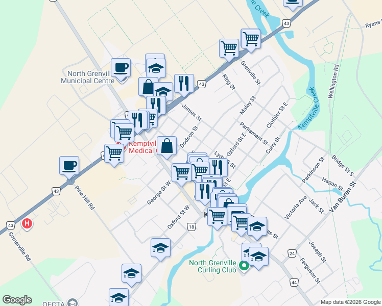 map of restaurants, bars, coffee shops, grocery stores, and more near 111 Maley Street in Kemptville
