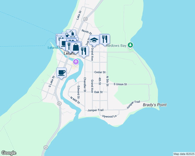 map of restaurants, bars, coffee shops, grocery stores, and more near 500-598 South Union Street in Leland
