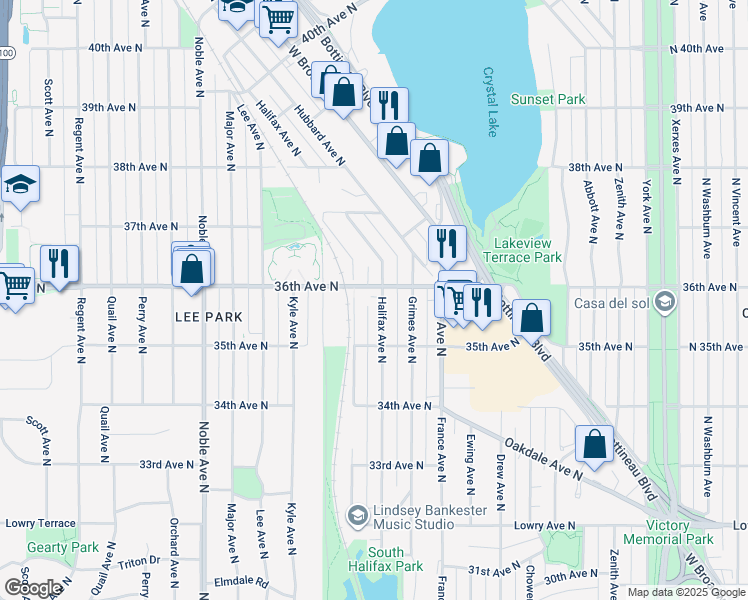 map of restaurants, bars, coffee shops, grocery stores, and more near 3525 Halifax Avenue North in Minneapolis