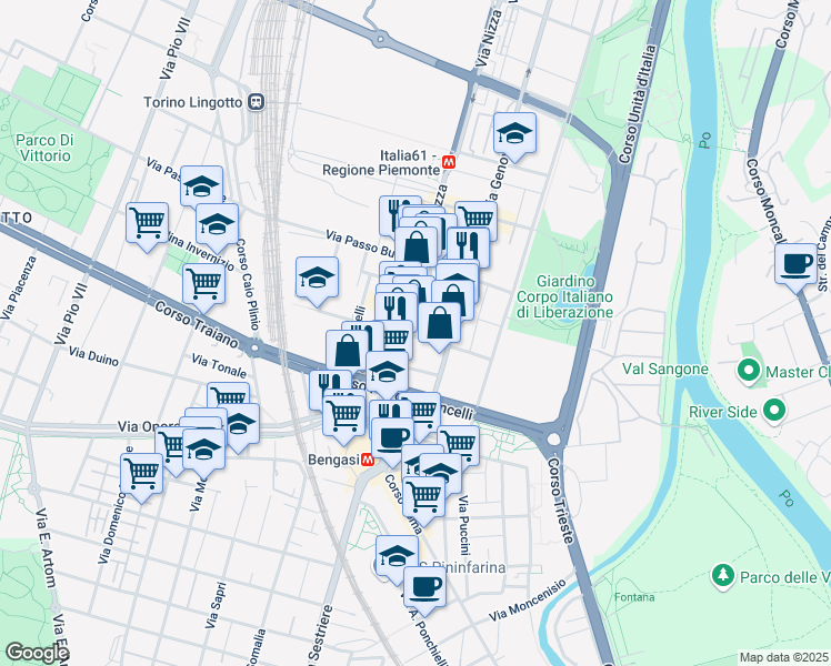 map of restaurants, bars, coffee shops, grocery stores, and more near 14 Via Testona in Torino