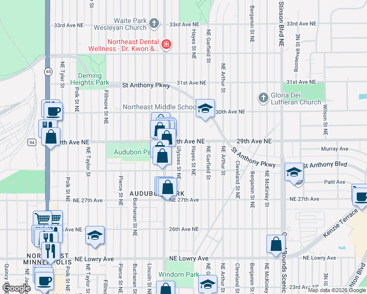 map of restaurants, bars, coffee shops, grocery stores, and more near in Minneapolis