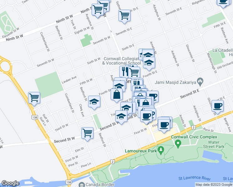 map of restaurants, bars, coffee shops, grocery stores, and more near 326 Augustus Street in Cornwall