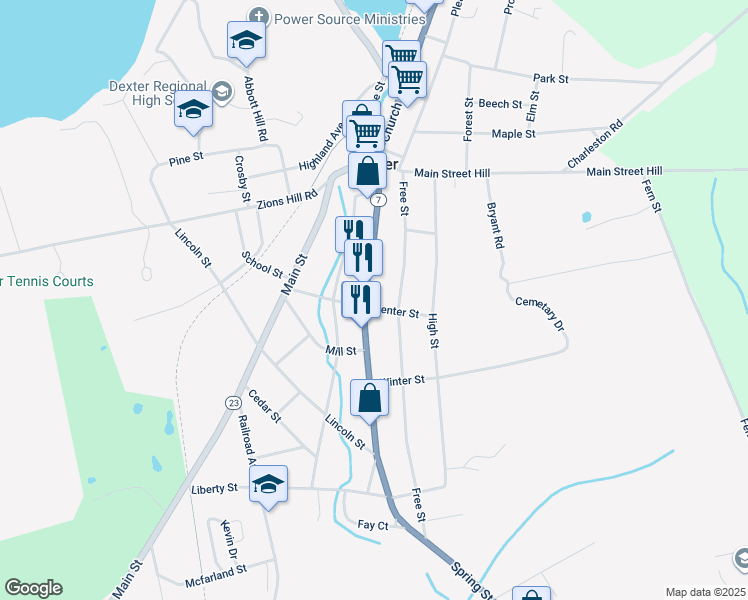 map of restaurants, bars, coffee shops, grocery stores, and more near 55 Center Street in Dexter