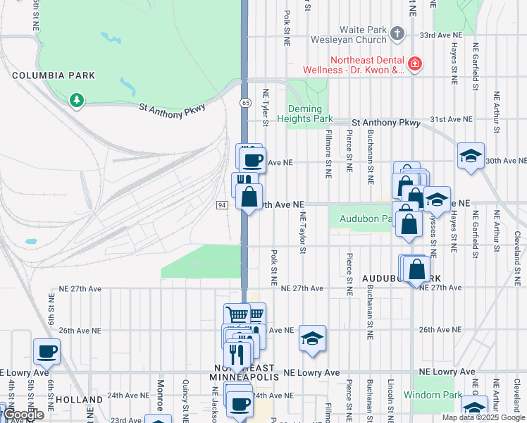 map of restaurants, bars, coffee shops, grocery stores, and more near 2826 Polk Street Northeast in Minneapolis
