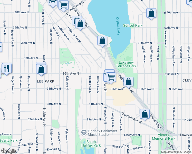 map of restaurants, bars, coffee shops, grocery stores, and more near 3527 Grimes Avenue North in Minneapolis