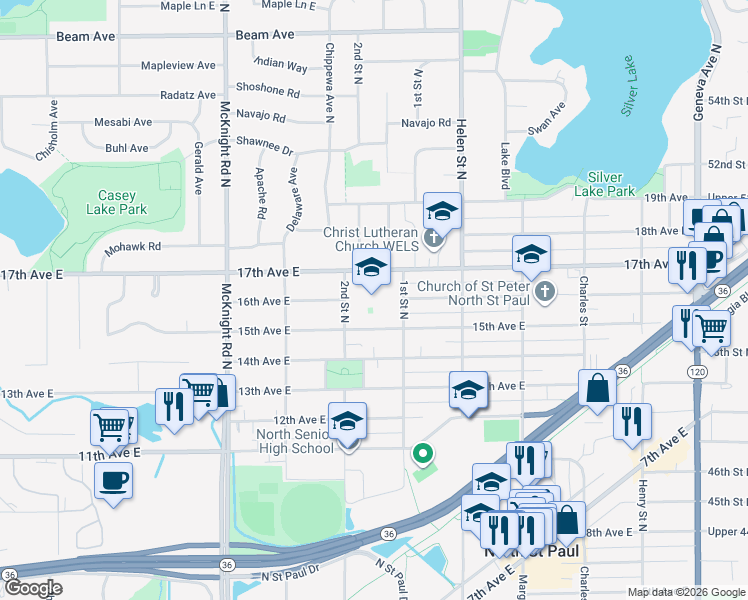 map of restaurants, bars, coffee shops, grocery stores, and more near 2615 1st Street North in North Saint Paul