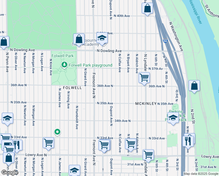 map of restaurants, bars, coffee shops, grocery stores, and more near 3555 Dupont Avenue North in Minneapolis