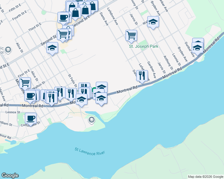 map of restaurants, bars, coffee shops, grocery stores, and more near 1146 Montreal Road in Cornwall