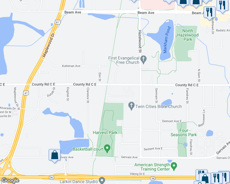 map of restaurants, bars, coffee shops, grocery stores, and more near 1438 County Road C East in Maplewood