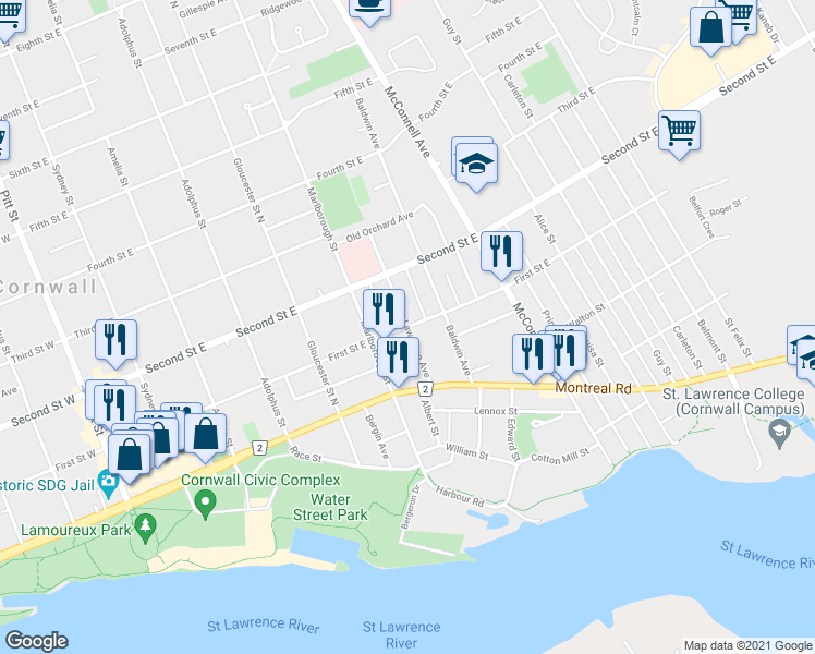 map of restaurants, bars, coffee shops, grocery stores, and more near 523 1 St E in Cornwall