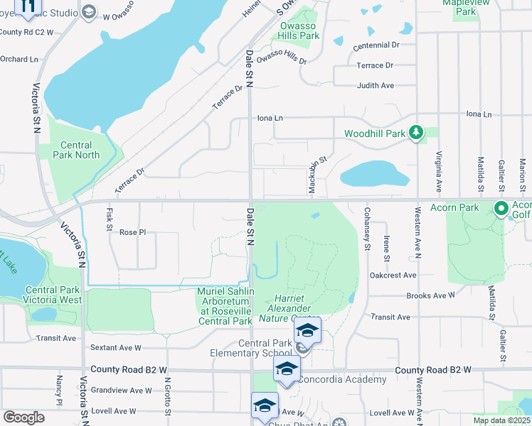 map of restaurants, bars, coffee shops, grocery stores, and more near 2600 Dale Street North in Roseville