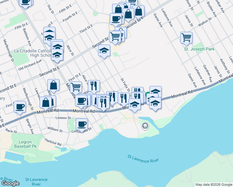 map of restaurants, bars, coffee shops, grocery stores, and more near 143 Carleton Street in Cornwall