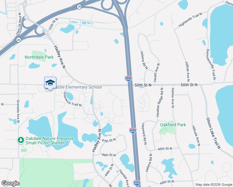 map of restaurants, bars, coffee shops, grocery stores, and more near 4906 Hamlet Avenue North in Oakdale