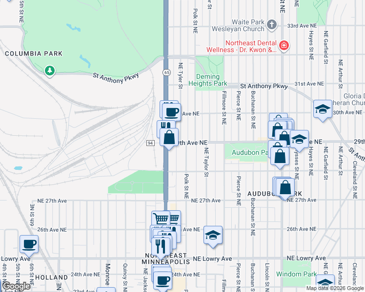 map of restaurants, bars, coffee shops, grocery stores, and more near 2826 Polk Street Northeast in Minneapolis