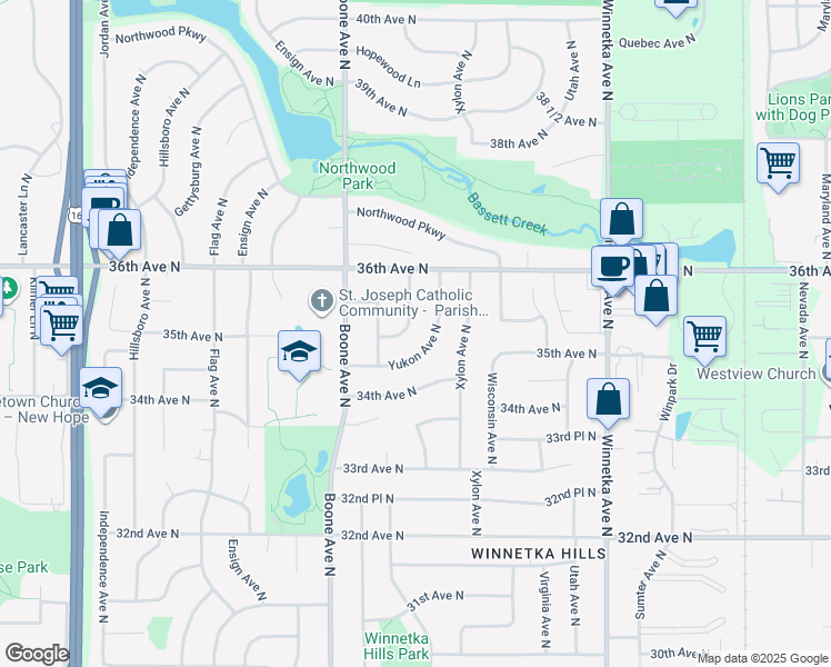 map of restaurants, bars, coffee shops, grocery stores, and more near 3484 Yukon Avenue North in Minneapolis