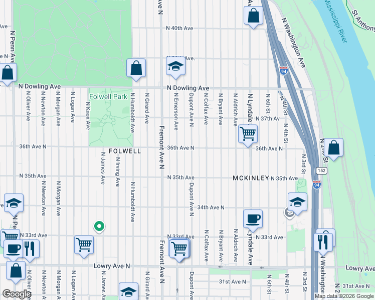 map of restaurants, bars, coffee shops, grocery stores, and more near 3530 North Emerson Avenue in Minneapolis