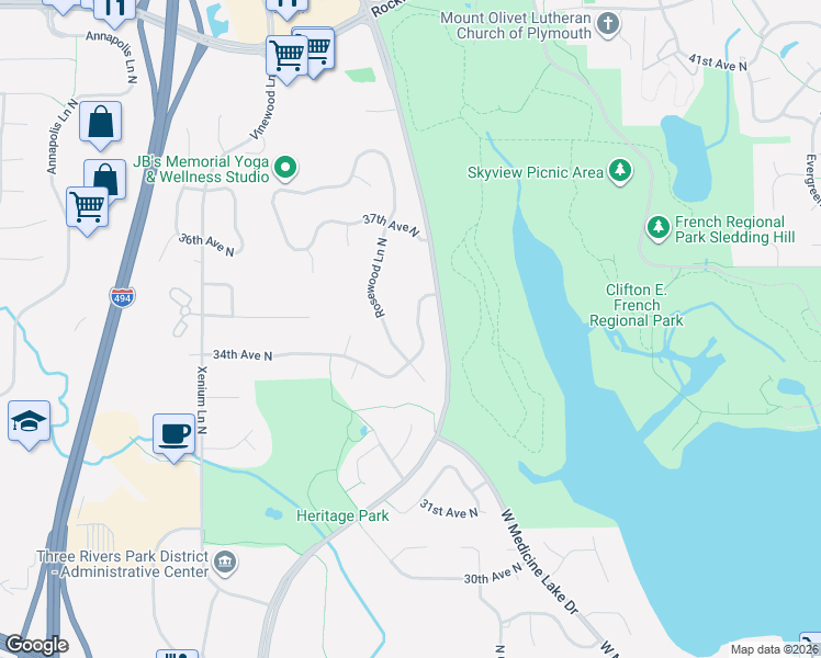 map of restaurants, bars, coffee shops, grocery stores, and more near 3415 Rosewood Lane North in Plymouth