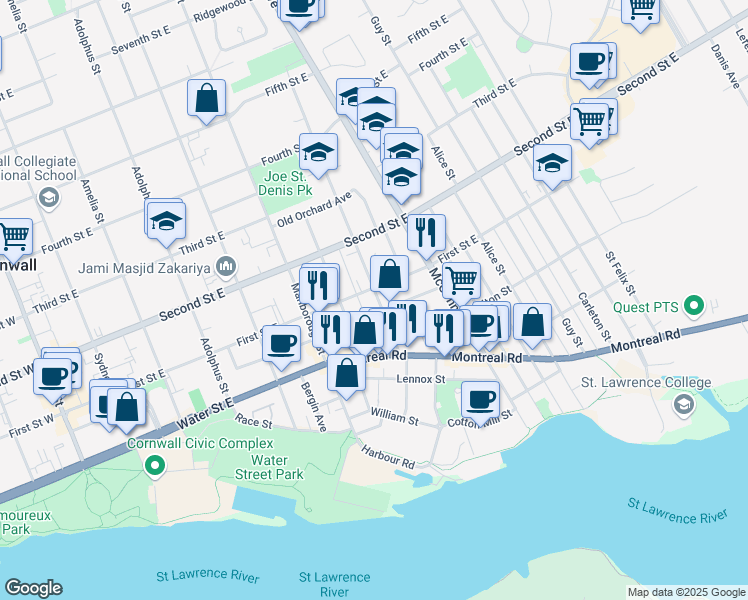 map of restaurants, bars, coffee shops, grocery stores, and more near 49 Baldwin Avenue in Cornwall