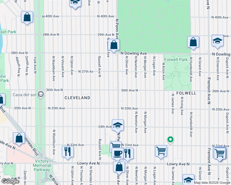 map of restaurants, bars, coffee shops, grocery stores, and more near 3530 North Queen Avenue in Minneapolis