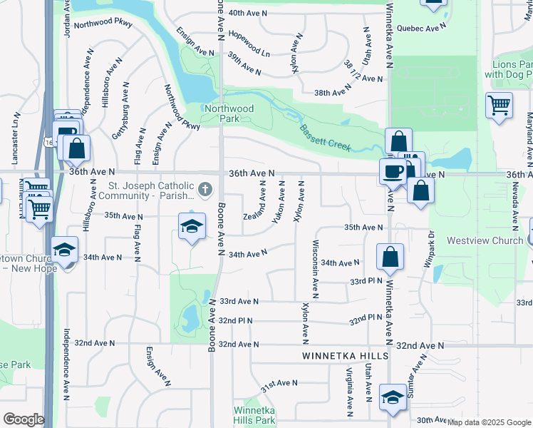 map of restaurants, bars, coffee shops, grocery stores, and more near 3484 Yukon Avenue North in Minneapolis