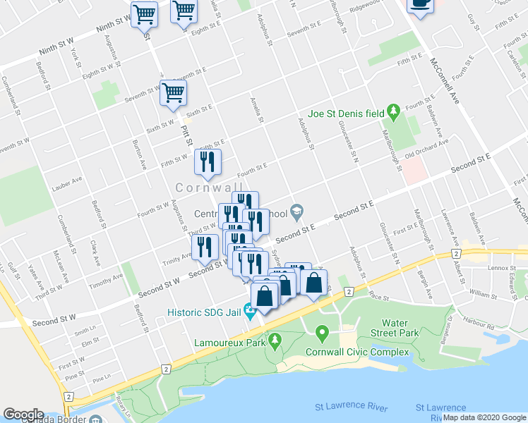 map of restaurants, bars, coffee shops, grocery stores, and more near 237 Sydney Street in Cornwall