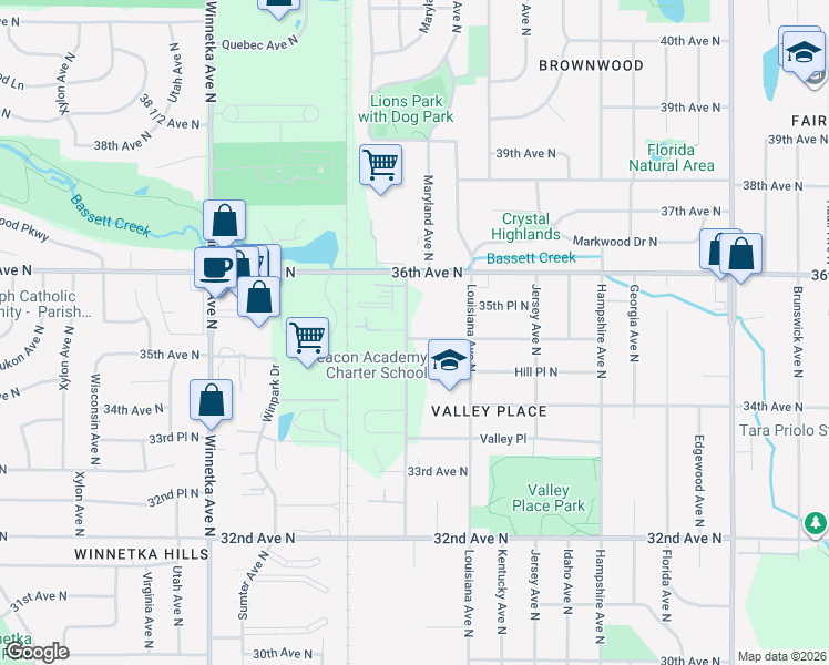 map of restaurants, bars, coffee shops, grocery stores, and more near 7201 36th Avenue North in Minneapolis