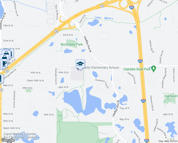 map of restaurants, bars, coffee shops, grocery stores, and more near 4994 Grenwich Trail North in Oakdale