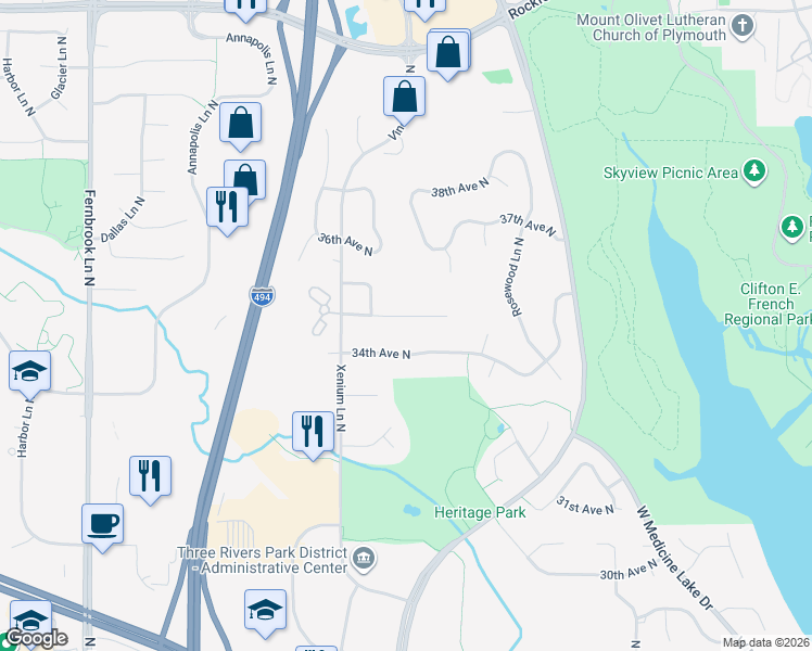 map of restaurants, bars, coffee shops, grocery stores, and more near 13210 35th Avenue North in Minneapolis