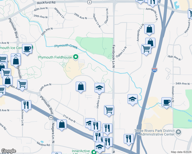 map of restaurants, bars, coffee shops, grocery stores, and more near 14550 34th Avenue North in Plymouth