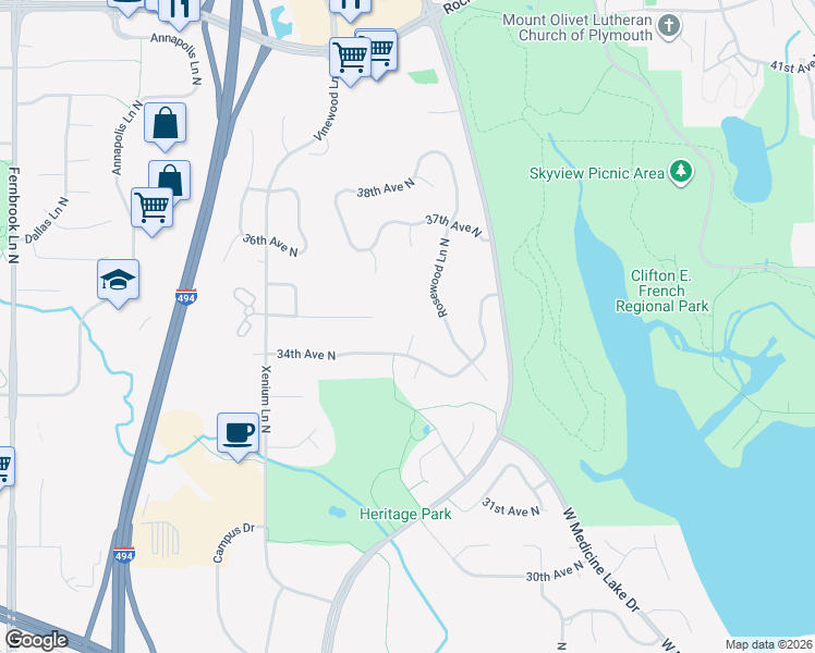 map of restaurants, bars, coffee shops, grocery stores, and more near 3525 Rosewood Lane North in Plymouth