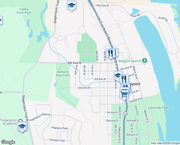 map of restaurants, bars, coffee shops, grocery stores, and more near 546 7th Street North in Bayport