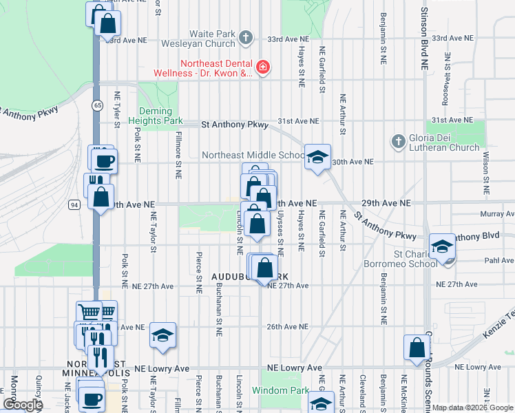 map of restaurants, bars, coffee shops, grocery stores, and more near 2919 Johnson Street Northeast in Minneapolis