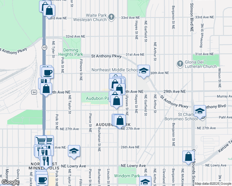 map of restaurants, bars, coffee shops, grocery stores, and more near 2919 Johnson Street Northeast in Minneapolis