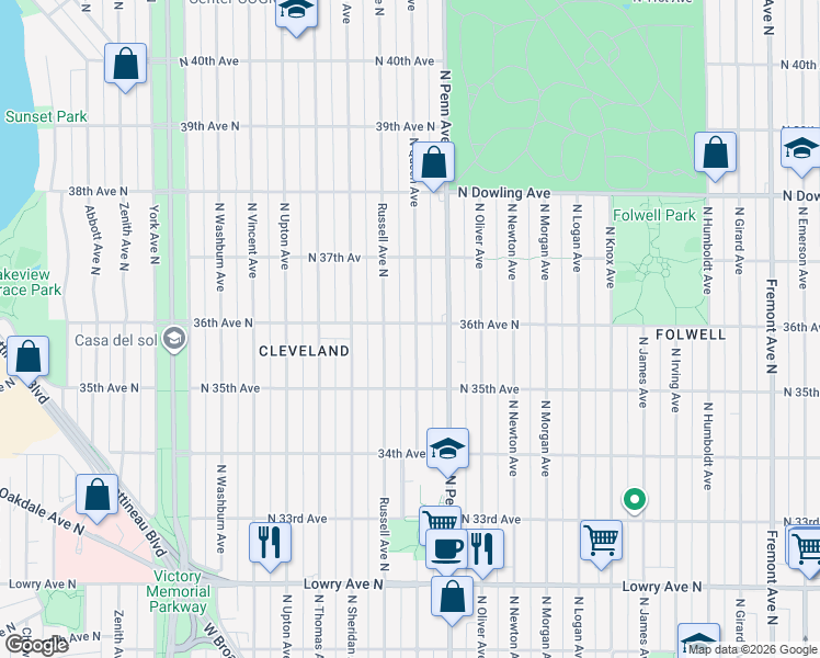 map of restaurants, bars, coffee shops, grocery stores, and more near 3614 Russell Avenue North in Minneapolis
