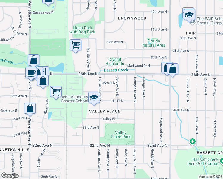 map of restaurants, bars, coffee shops, grocery stores, and more near 7000 35th Place North in Minneapolis